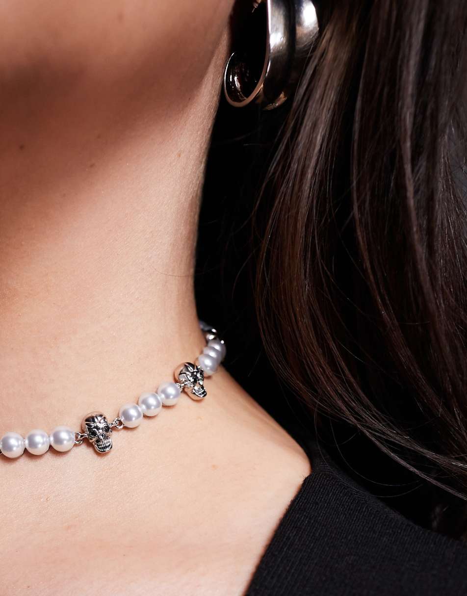 ASOS DESIGN Curve Halloween choker necklace with faux pearl and skull design in silver tone