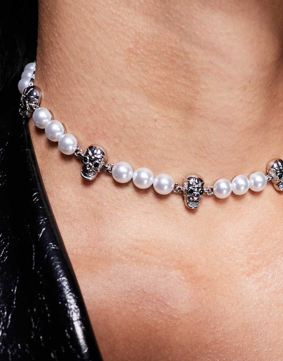 ASOS DESIGN Halloween choker necklace with faux pearl and skull design in silver tone