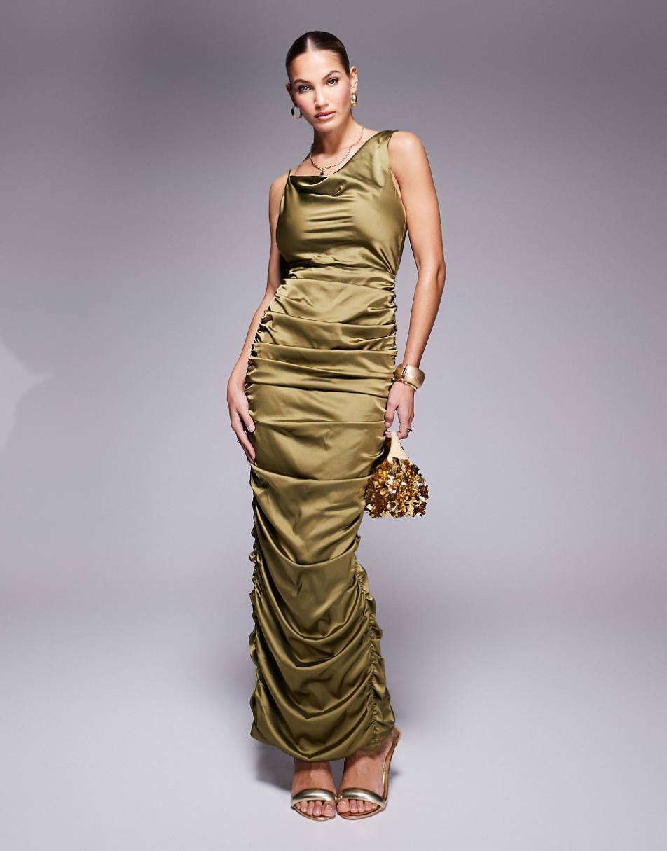 Jaded Rose ruched backless maxi dress in olive