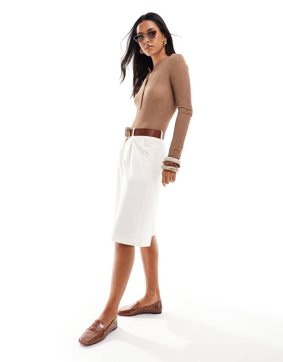 ASOS DESIGN sheer ribbed bodysuit with henley collar in mocha