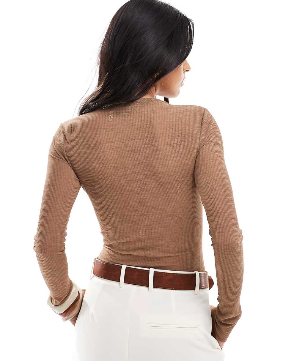 ASOS DESIGN sheer ribbed bodysuit with henley collar in mocha