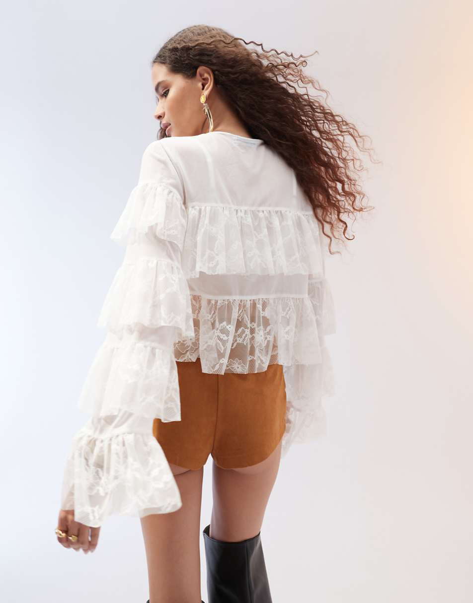 ASOS DESIGN tie front layered ruffle blouse with lace inserts in ivory