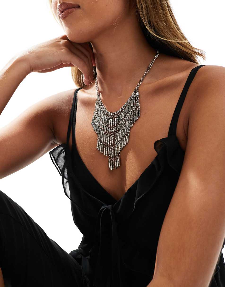 ASOS DESIGN necklace with textured tassel design in silver tone