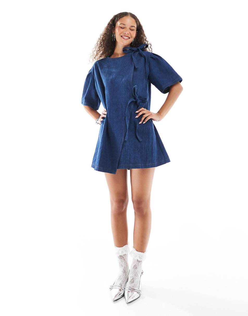 Ghospell bow detail textured mini dress in dark wash denim
