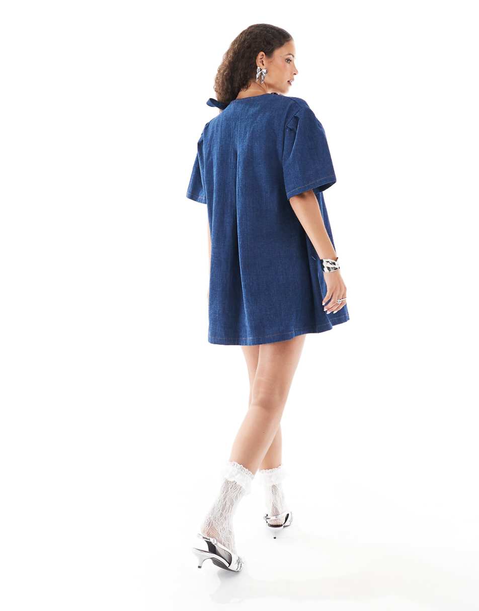 Ghospell bow detail textured mini dress in dark wash denim