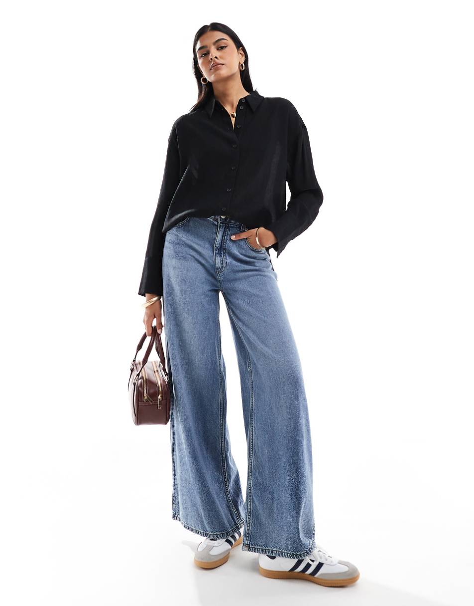 Bershka oversized crinkle shirt in black