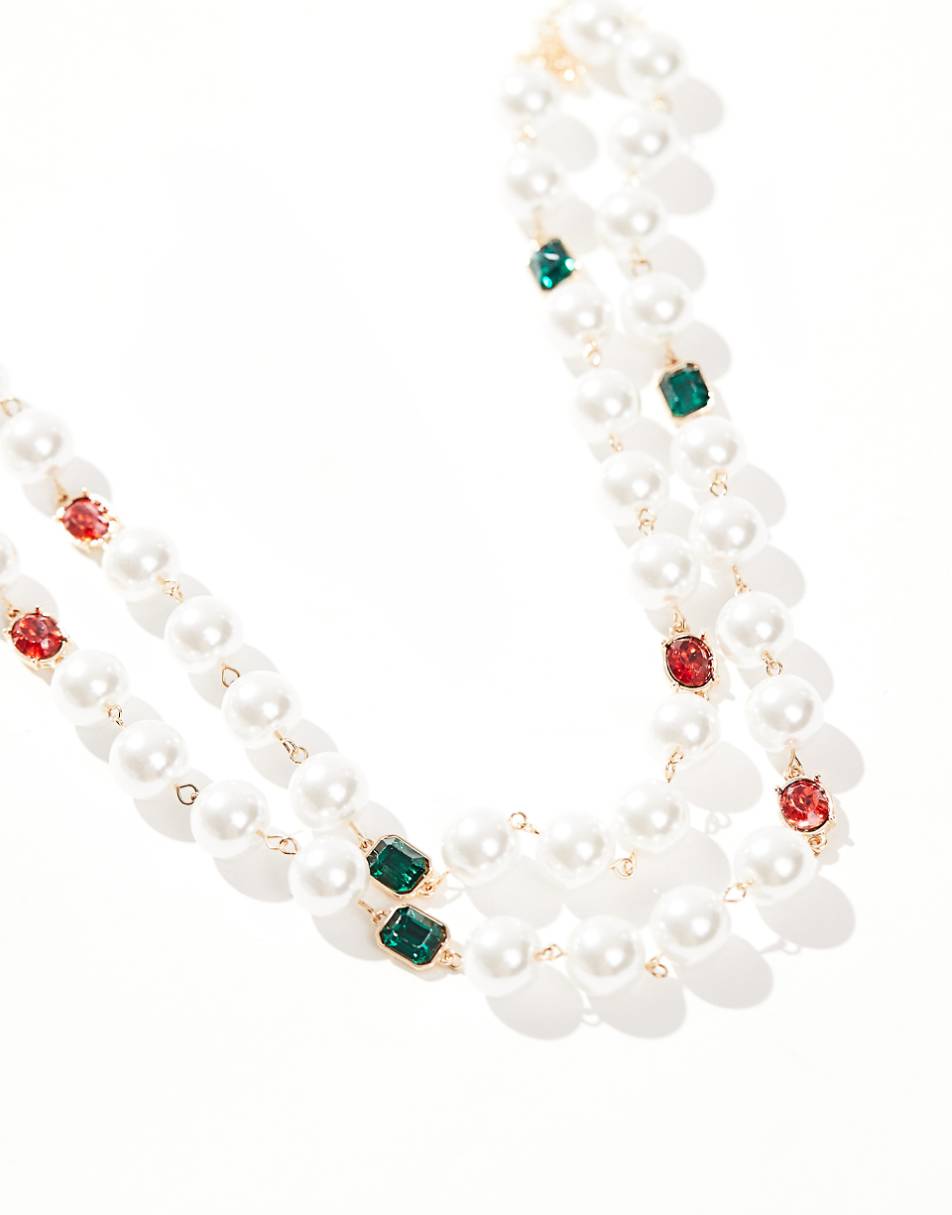 Reclaimed Vintage layered pearl necklace with colorful stones