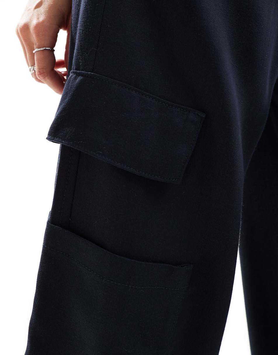 Bershka tie waist wide leg cargo pants in navy