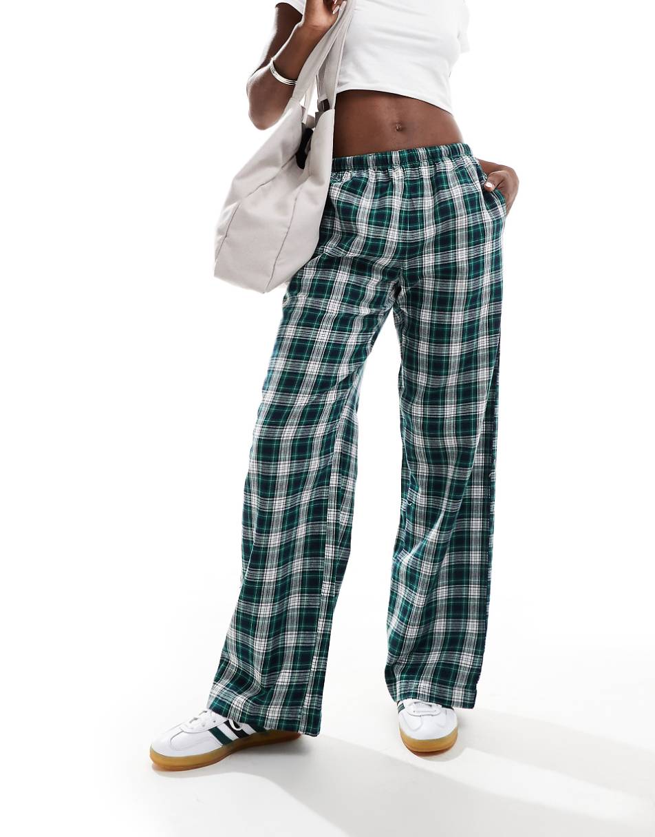 Bershka tie waist wide leg pants in green check