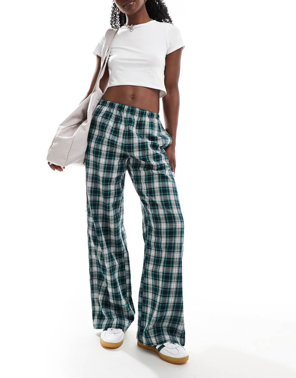 Bershka tie waist wide leg pants in green check