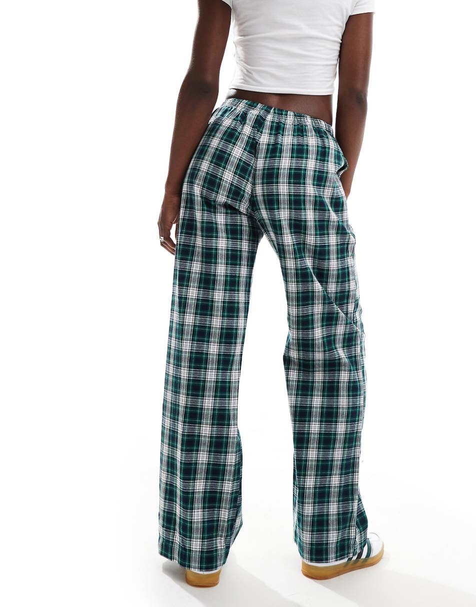Bershka tie waist wide leg pants in green check