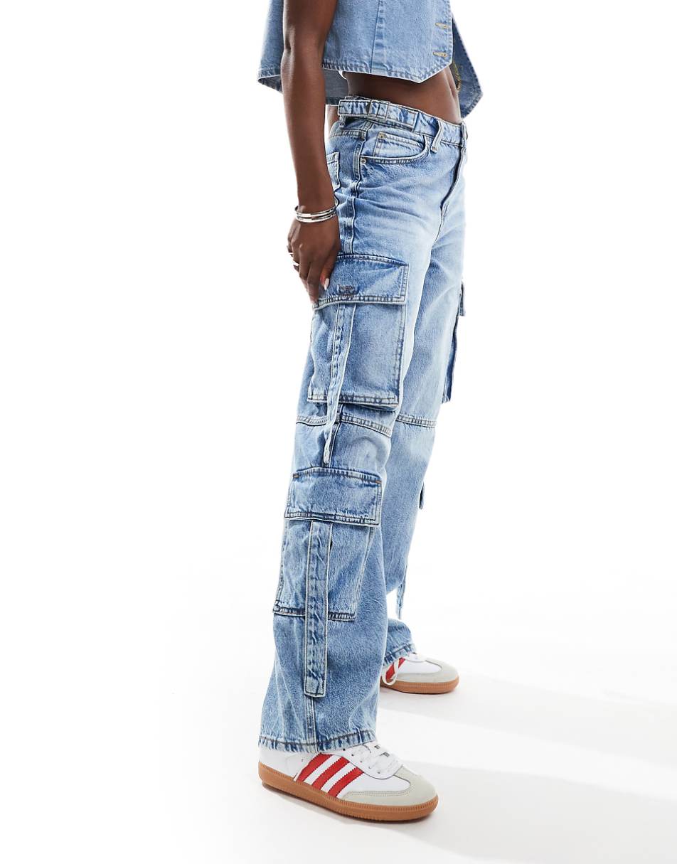 Bershka cargo jeans in light wash blue