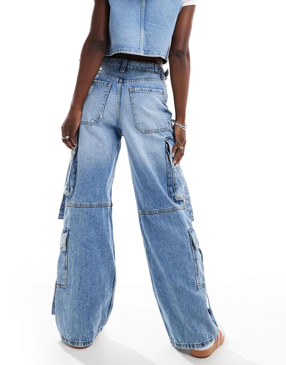 Bershka cargo jeans in light wash blue