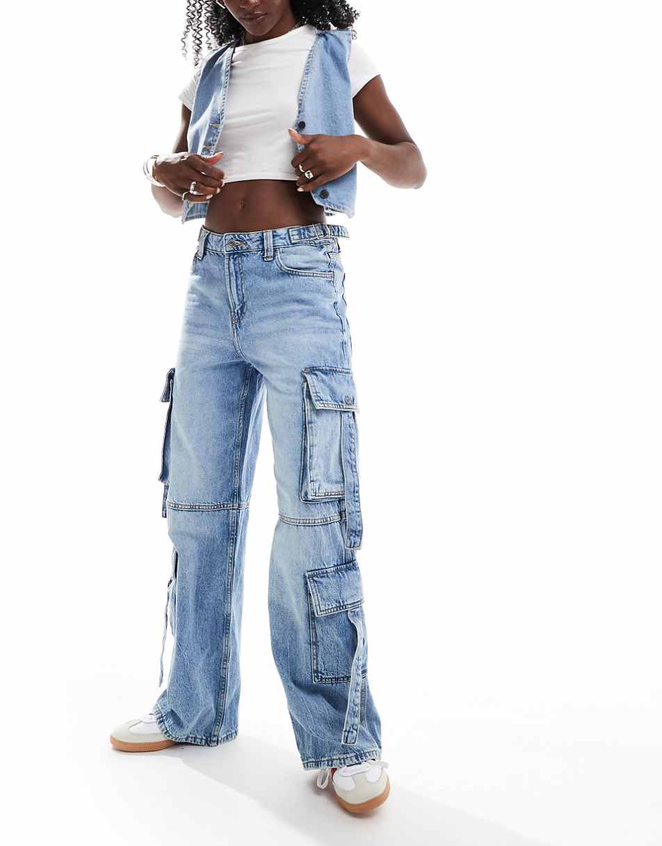 Bershka cargo jeans in light wash blue