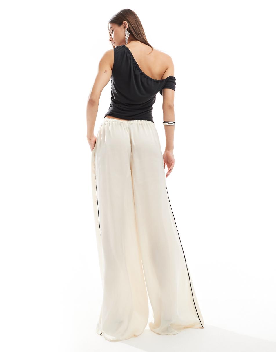 Lioness satin contrast pipping wide leg pants in ivory