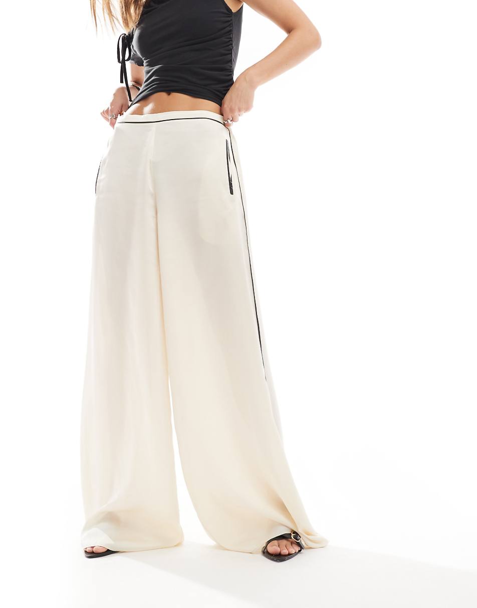 Lioness satin contrast pipping wide leg pants in ivory