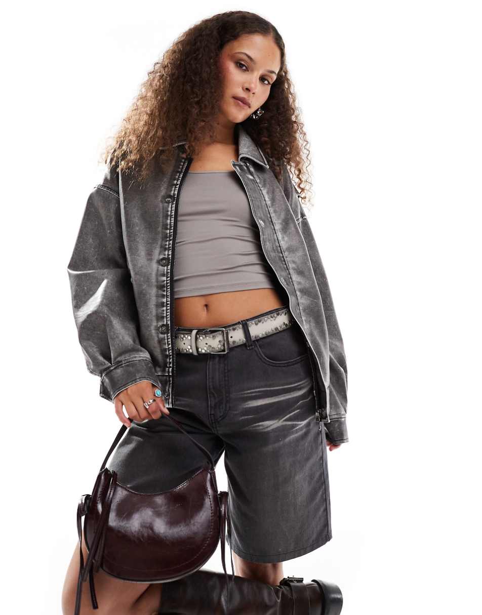 Lioness leather look bomber jacket in distressed gray