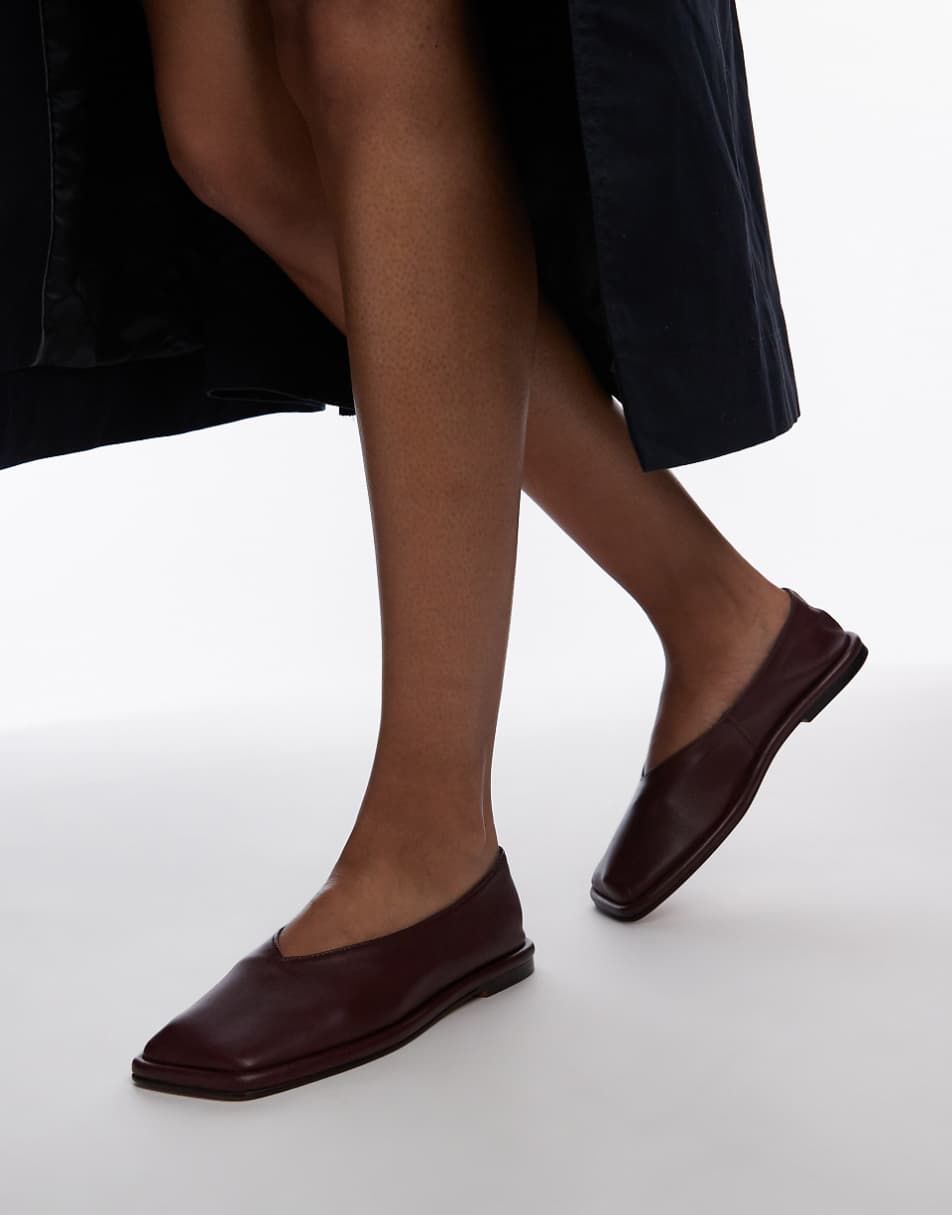 Topshop Charlotte leather square toe unlined flat shoes in burgundy