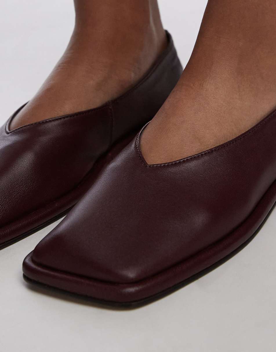 Topshop Charlotte leather square toe unlined flat shoes in burgundy