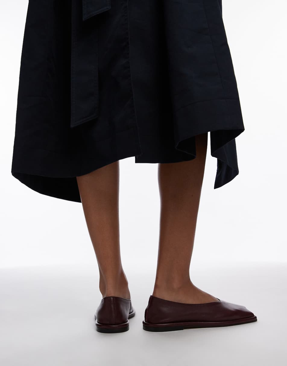 Topshop Charlotte leather square toe unlined flat shoes in burgundy
