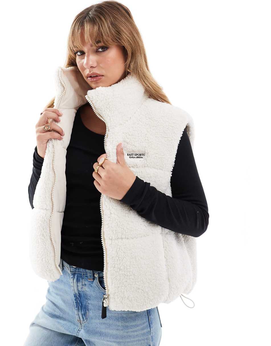 Bershka shearling and nylon reversible vest in ecru