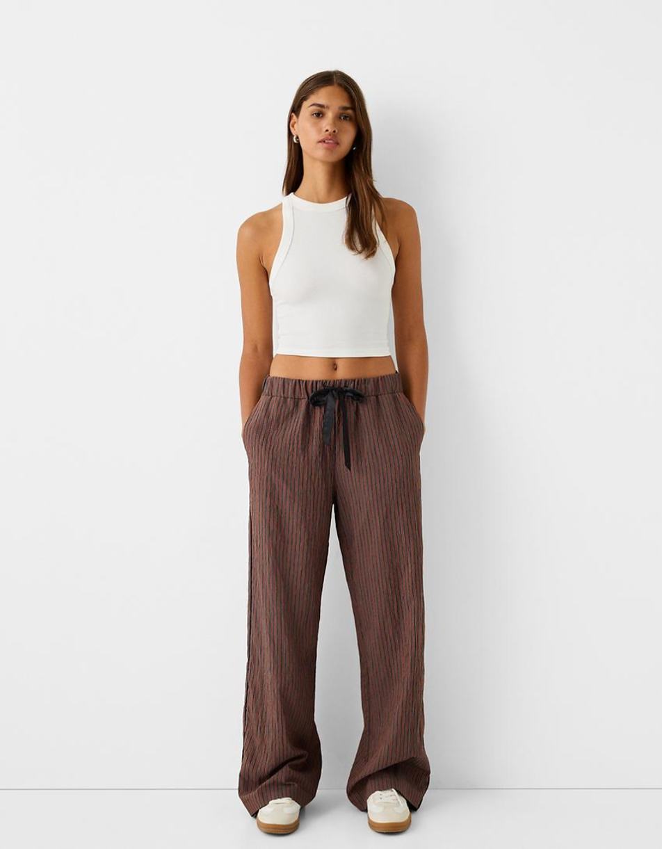 Bershka ribbon drawstring waist wide leg pants in brown & stripe
