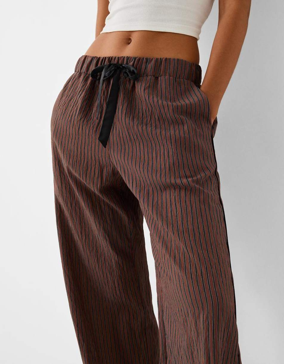Bershka ribbon drawstring waist wide leg pants in brown & stripe