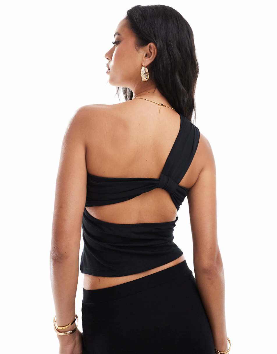 ASOS DESIGN one shoulder knotted back detail top in black