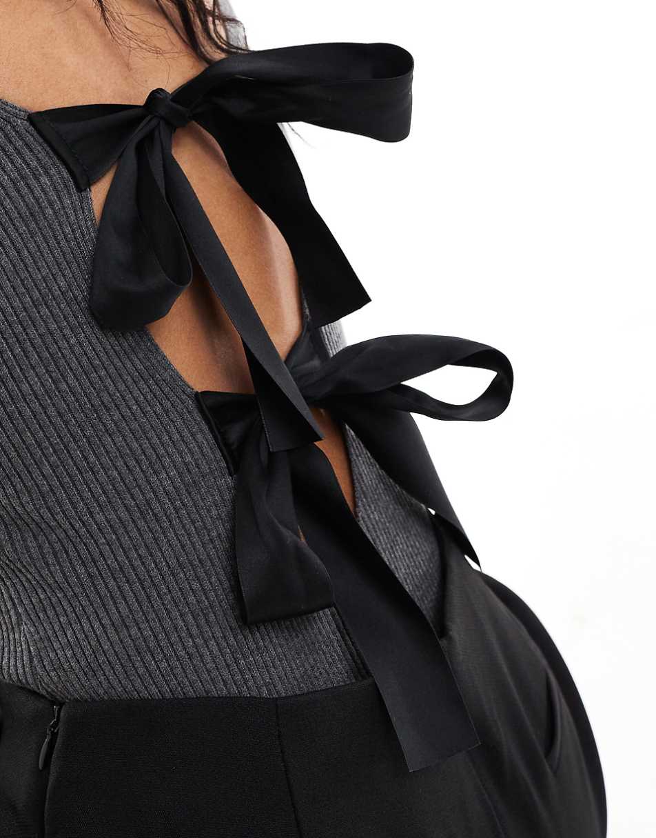 Bershka bow back knitted bodysuit in gray