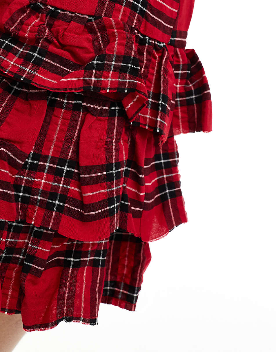 Bershka ruffled tiered mini skirt in red & black plaid