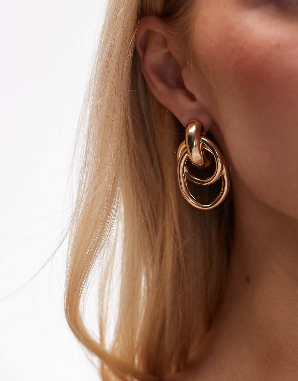 Topshop Eloise double drop door knocker earrings in gold tone