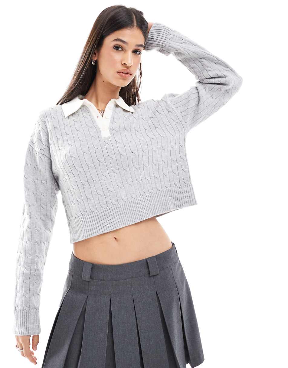 Bershka cable knit contrast collar sweater in gray & ecru