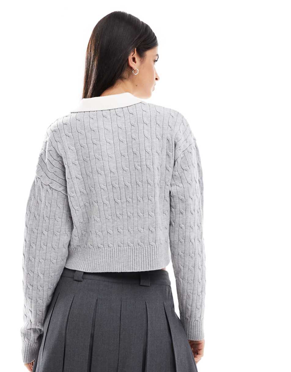 Bershka cable knit contrast collar sweater in gray & ecru