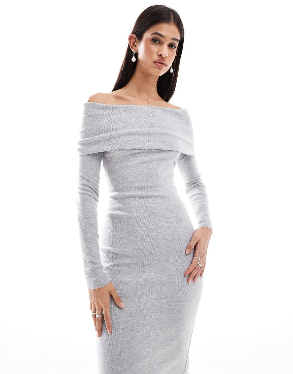 Bershka knit bardot midi dress in gray
