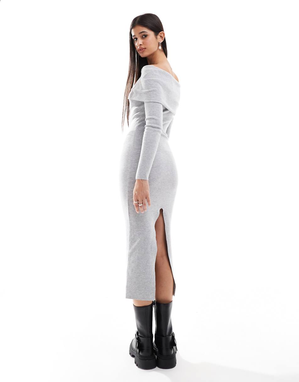 Bershka knit bardot midi dress in gray