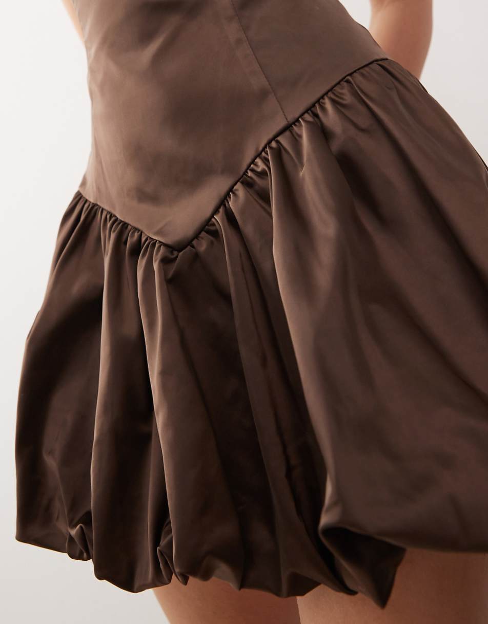 Lioness satin corset detail puffball mini dress in brown