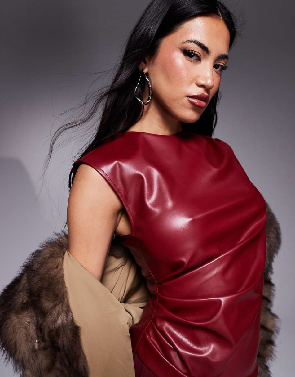 ASOS DESIGN pu bodice with flowy skirt maxi dress in burgundy