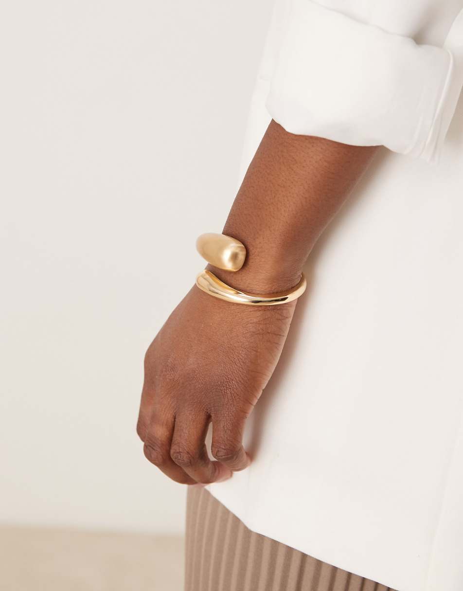 ASOS DESIGN cuff bracelet with wrap around molten detail with shiny and brushed gold tone