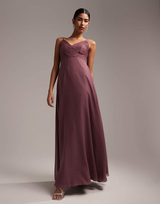 ASOS DESIGN Bridesmaid cami maxi dress with ruched bodice and tie waist in dusty mauve