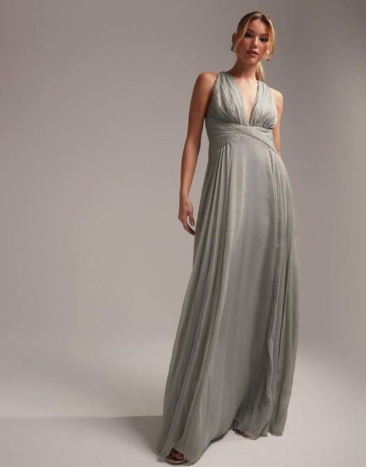 ASOS DESIGN Bridesmaid ruched bodice drape maxi dress with wrap waist in Olive