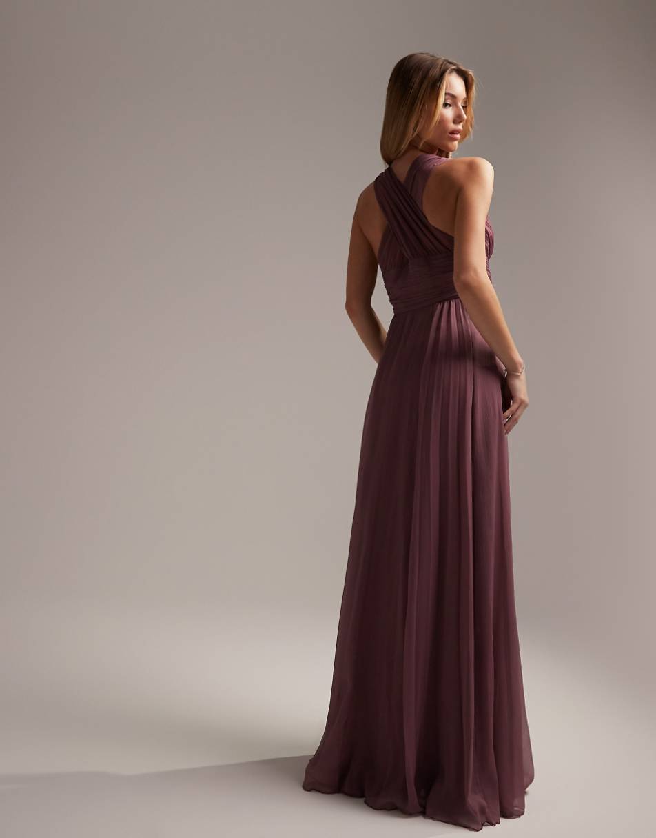 ASOS DESIGN Bridesmaid ruched bodice drape maxi dress with wrap waist in mauve