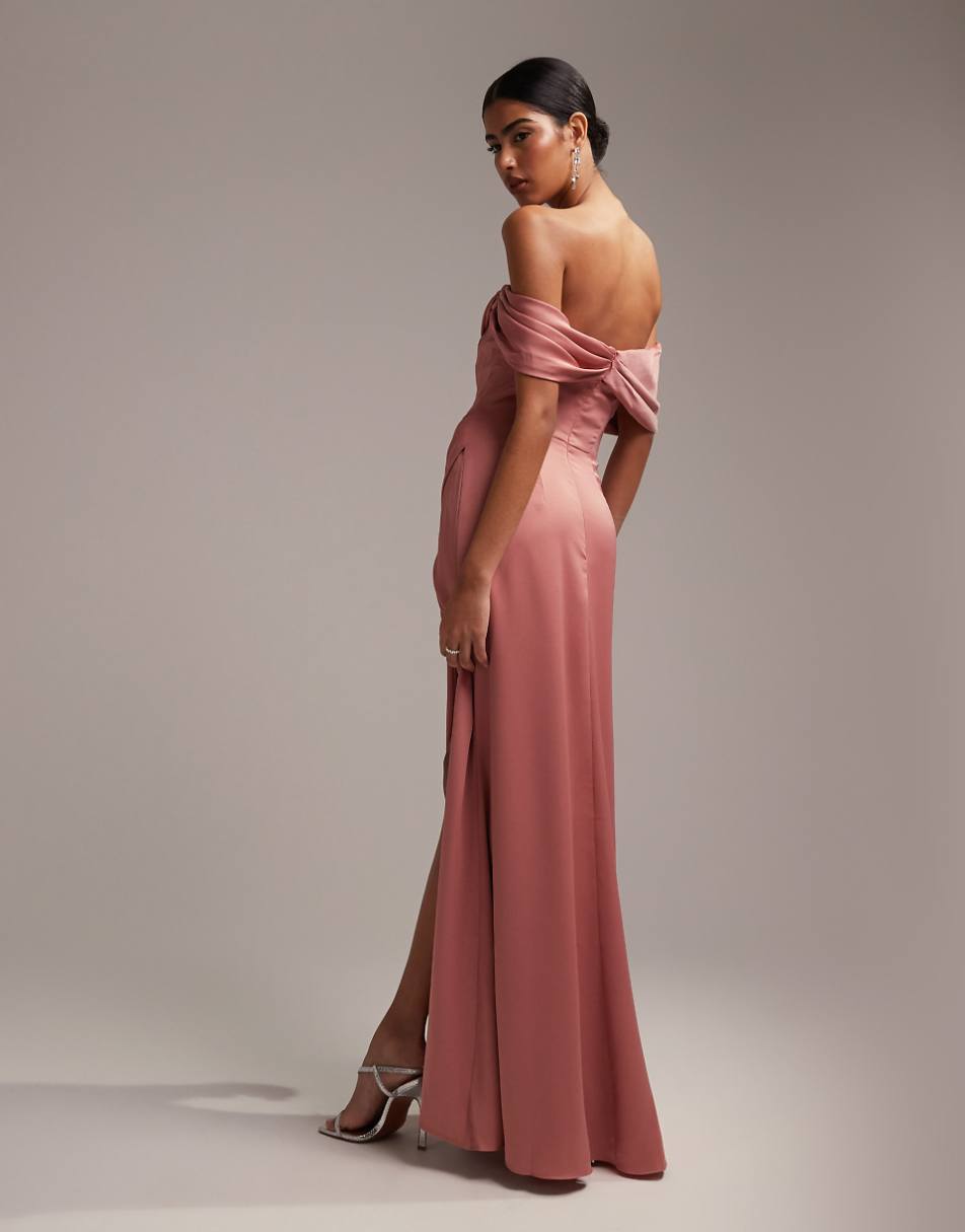 ASOS DESIGN Bridesmaid satin off the shoulder drape wrap maxi dress in dusky rose