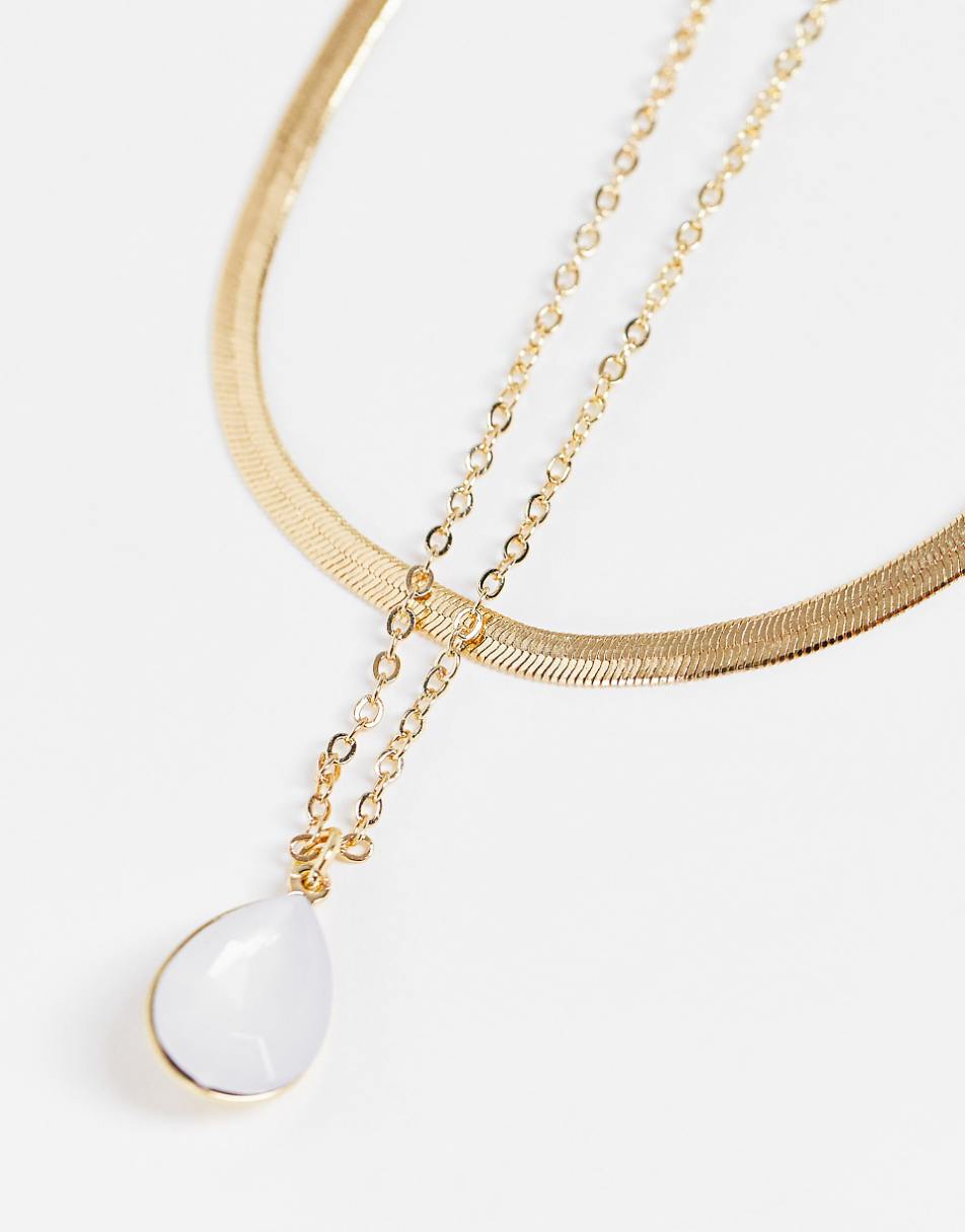 DesignB London multirow necklace with semi precious stone in gold tone