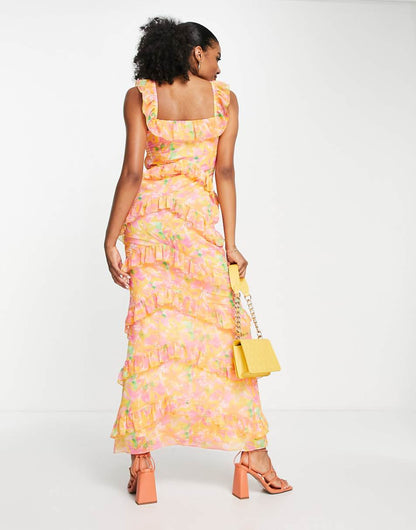 Pretty Lavish Cecile ruffle maxi dress in orange and pink abstract floral