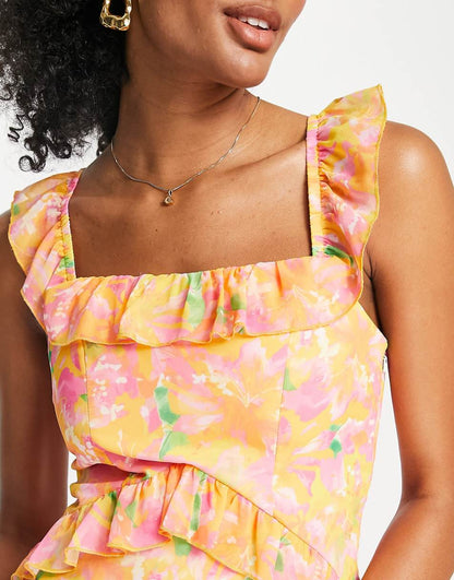 Pretty Lavish Cecile ruffle maxi dress in orange and pink abstract floral