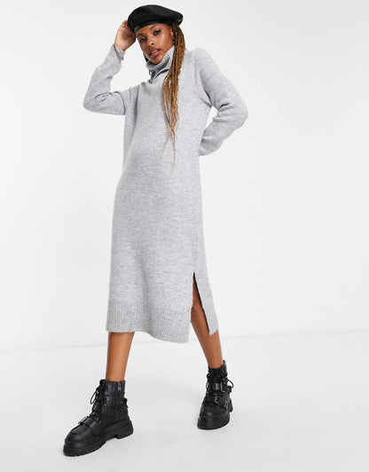 Only roll neck midi sweater dress in light gray