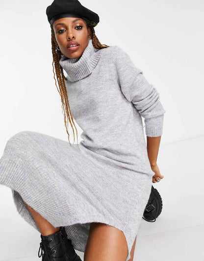 Only roll neck midi sweater dress in light gray