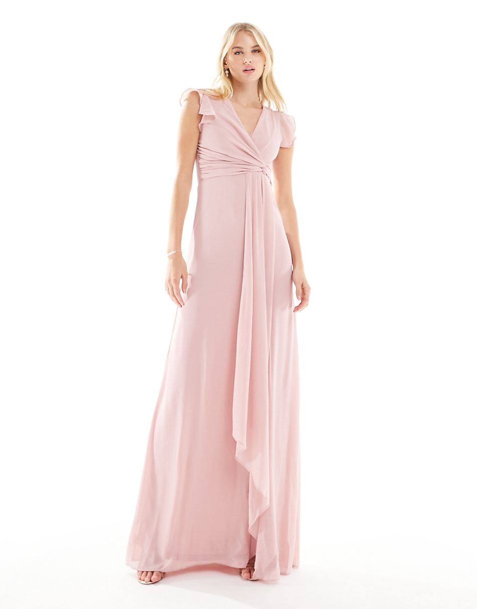 TFNC Tall Bridesmaid flutter sleeve ruffle detail maxi dress in blush