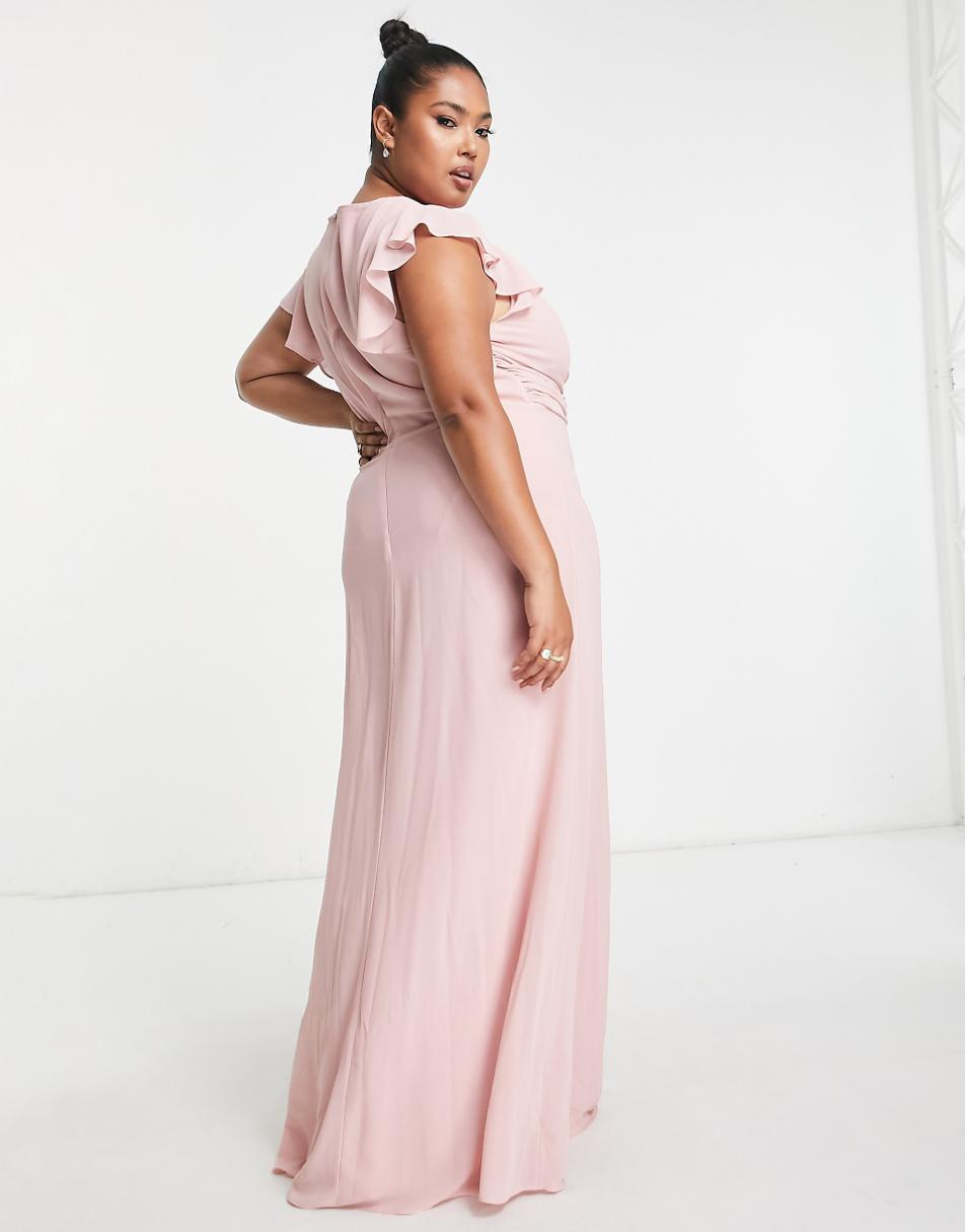 TFNC Plus Bridesmaid flutter sleeve ruffle detail maxi dress in blush