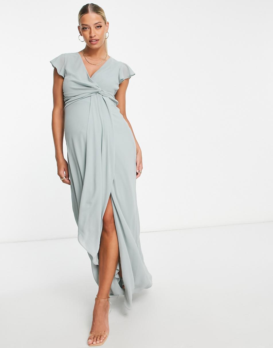 TFNC Maternity bridesmaid flutter sleeve ruffle detail maxi dress in sage